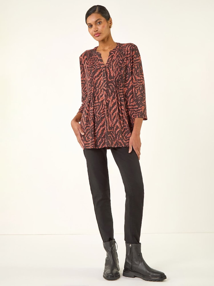Roman Brown Animal Print Pintuck Stretch Shirt - Image 2 of 5 Roman Brown Animal Print Pintuck Stretch Shirt - Image 2 of 5