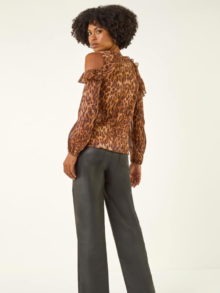 Roman Natural Animal Print Plisse Ruffle Blouse - Image 2 of 5 Roman Natural Animal Print Plisse Ruffle Blouse - Image 2 of 5