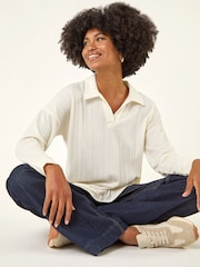 Roman Natural Ribbed Collared Stretch Blouse - Image 1 of 5