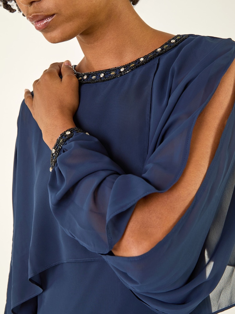 Roman Blue Beaded Cold Shoulder Chiffon Dress - Image 5 of 5 Roman Blue Beaded Cold Shoulder Chiffon Dress - Image 5 of 5