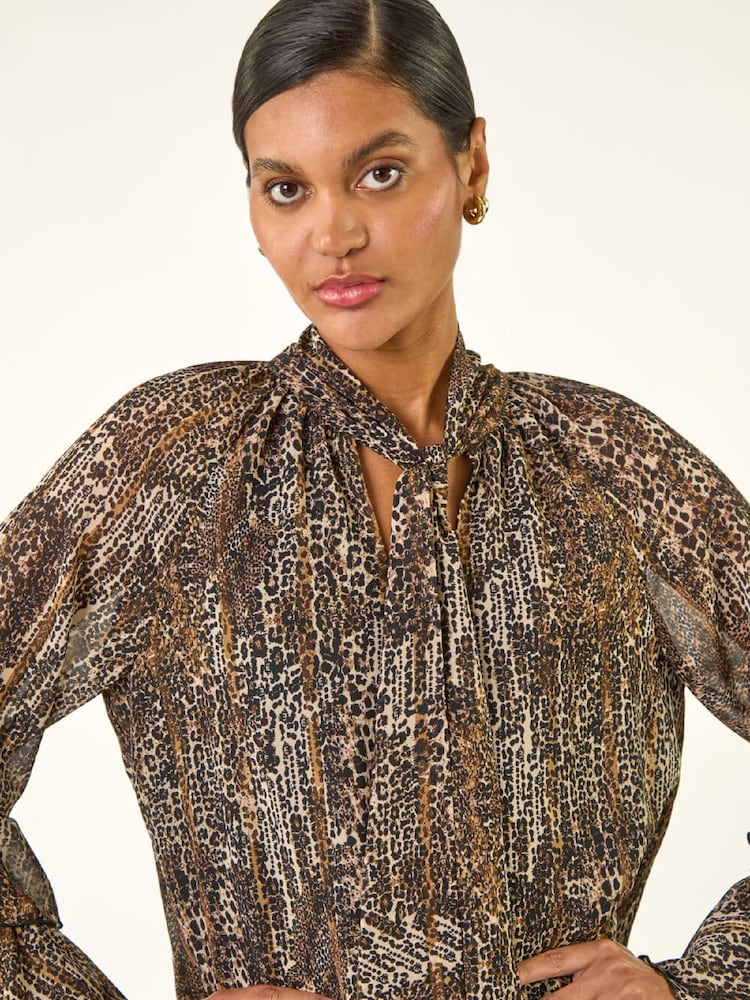 Roman Natural Animal Print Tie Front Flared Blouse - Image 1 of 5 Roman Natural Animal Print Tie Front Flared Blouse - Image 1 of 5
