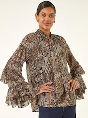 Roman Animal Print Tie Front Flared Blouse - Imagen 4 de 5