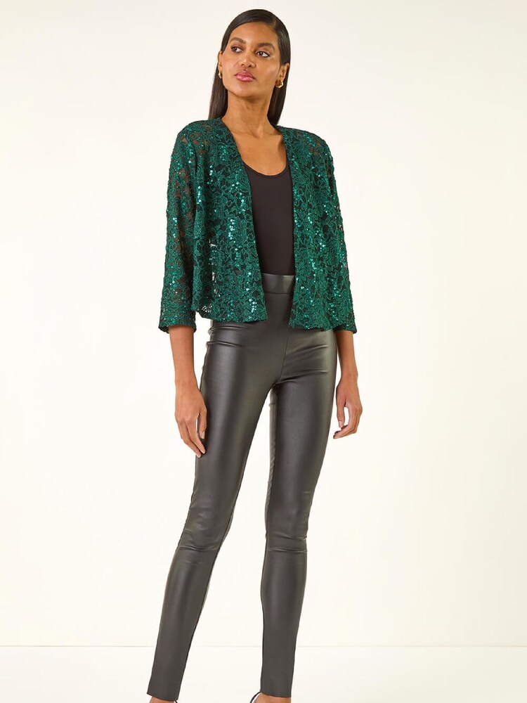 Roman Green Glitter Sequin Lace Cardigan Top - Image 1 of 5 Roman Green Glitter Sequin Lace Cardigan Top - Image 1 of 5
