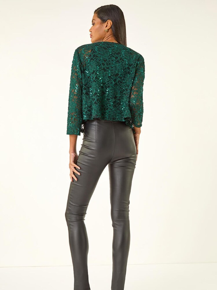 Roman Green Glitter Sequin Lace Cardigan Top - Image 2 of 5 Roman Green Glitter Sequin Lace Cardigan Top - Image 2 of 5