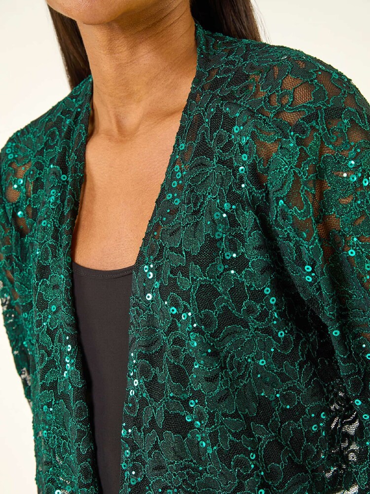 Roman Green Glitter Sequin Lace Cardigan Top - Image 5 of 5 Roman Green Glitter Sequin Lace Cardigan Top - Image 5 of 5
