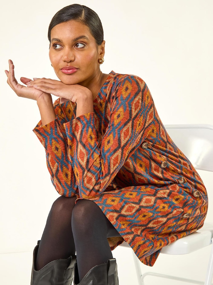 Roman Orange Geo Print Stretch Swing Dress - Image 1 of 5 Roman Orange Geo Print Stretch Swing Dress - Image 1 of 5