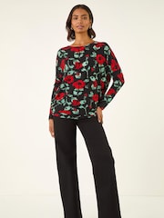 Roman Red Floral Print Banded Hem Tunic Top - Image 2 of 5