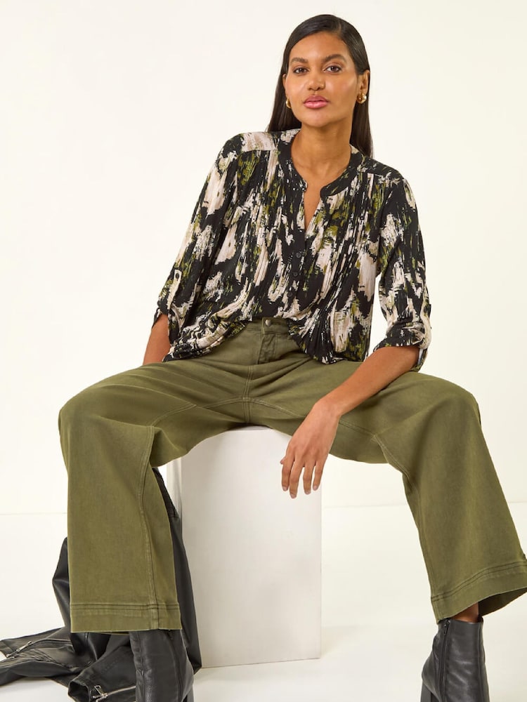 Roman Black Abstract Print Pintuck Stretch Shirt - Image 1 of 5 Roman Black Abstract Print Pintuck Stretch Shirt - Image 1 of 5