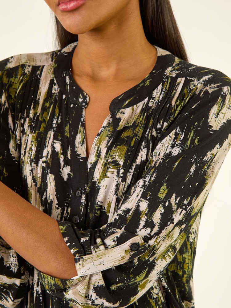 Roman Black Abstract Print Pintuck Stretch Shirt - Image 5 of 5 Roman Black Abstract Print Pintuck Stretch Shirt - Image 5 of 5