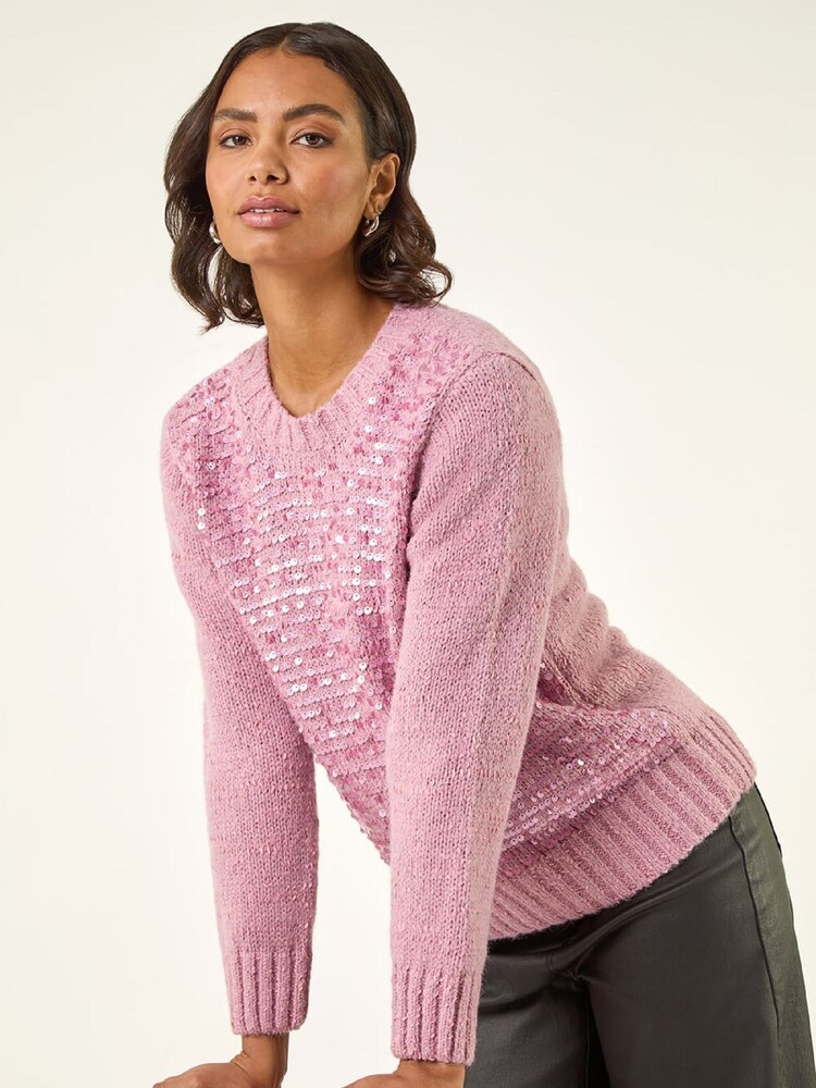 Roman Pink Sequin Crew Neck Knit Jumper - Image 1 of 5