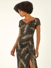 Roman Black Foil Print Lace Ruched Midi Dress - Image 1 of 5