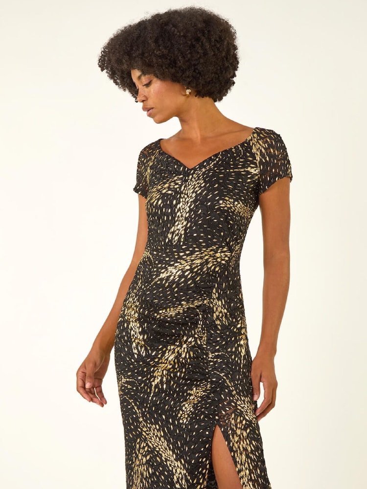 Roman Black Foil Print Lace Ruched Midi Dress - Image 1 of 5