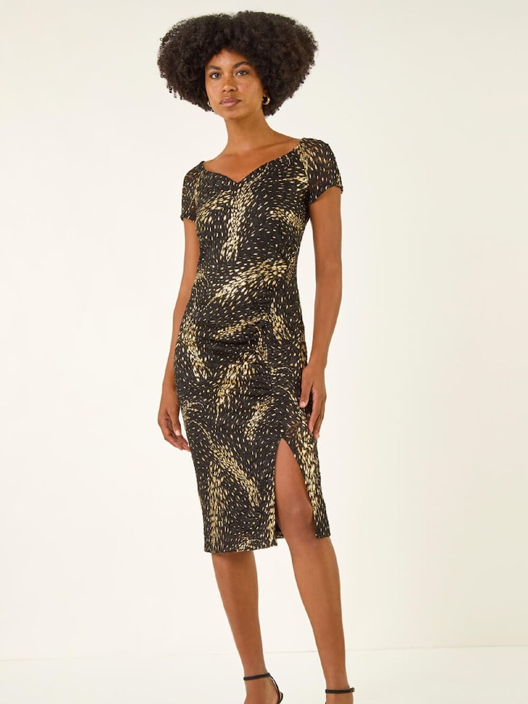 Roman Black Foil Print Lace Ruched Midi Dress - Image 2 of 5