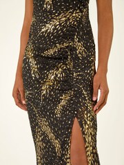 Roman Black Foil Print Lace Ruched Midi Dress - Image 5 of 5