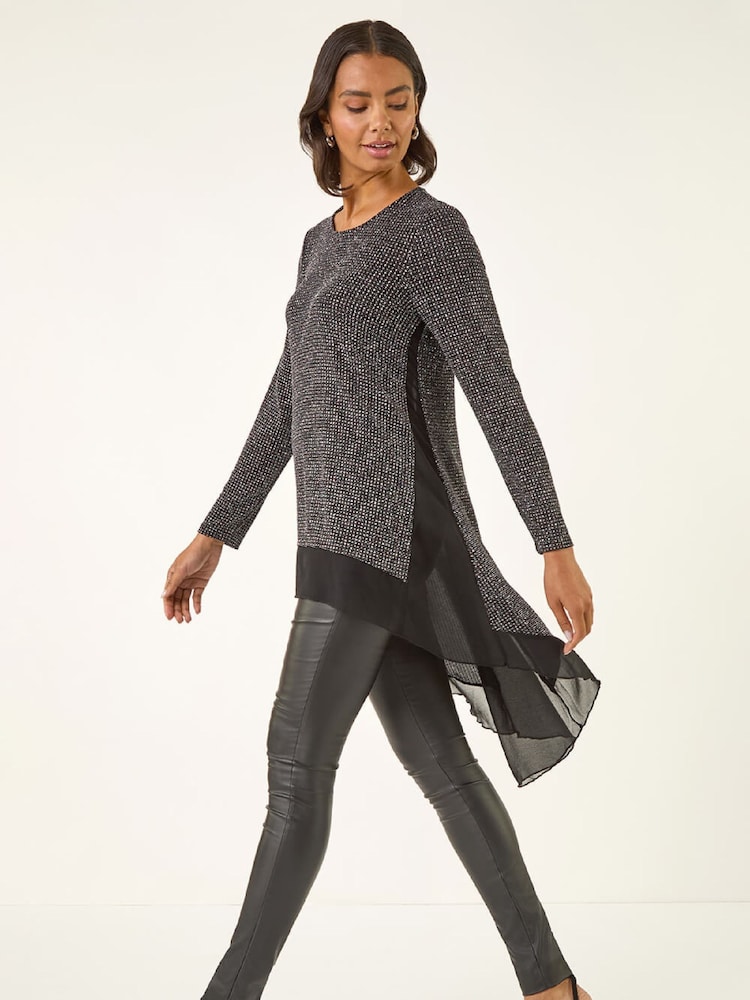Roman Black Shimmer Chiffon Hem Stretch Tunic Top - Image 1 of 5 Roman Black Shimmer Chiffon Hem Stretch Tunic Top - Image 1 of 5