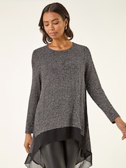 Roman Black Shimmer Chiffon Hem Stretch Tunic Top - Image 2 of 5