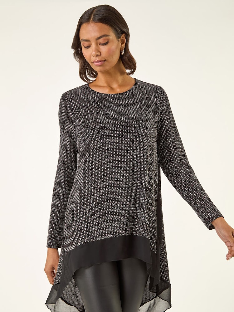 Roman Black Shimmer Chiffon Hem Stretch Tunic Top - Image 2 of 5