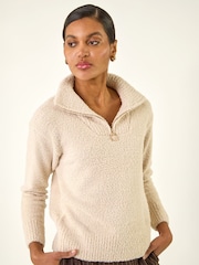 Roman White Fluffy Zip Front Knit Jumper - Image 4 of 5
