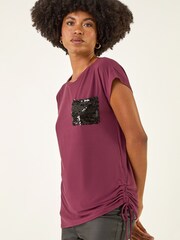 Roman Red Sequin Pocket Side Ruched T-Shirt - Image 1 of 5