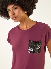 Roman Red Sequin Pocket Side Ruched T-Shirt - Image 4 of 5