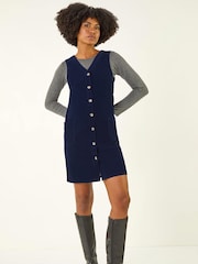 Roman Blue Cotton V-Neck Button Pocket Dress - Image 2 of 5