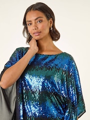 Roman Blue Ombre Sequin Mesh Chiffon Tunic Top - Image 1 of 5