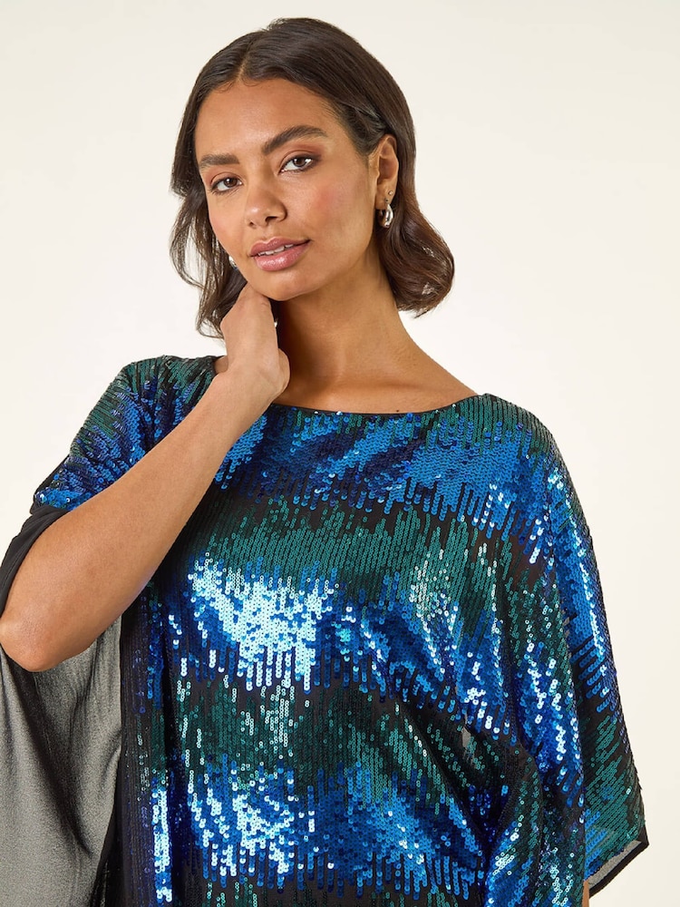 Roman Blue Ombre Sequin Mesh Chiffon Tunic Top - Image 1 of 5