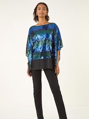 Roman Blue Ombre Sequin Mesh Chiffon Tunic Top - Image 2 of 5