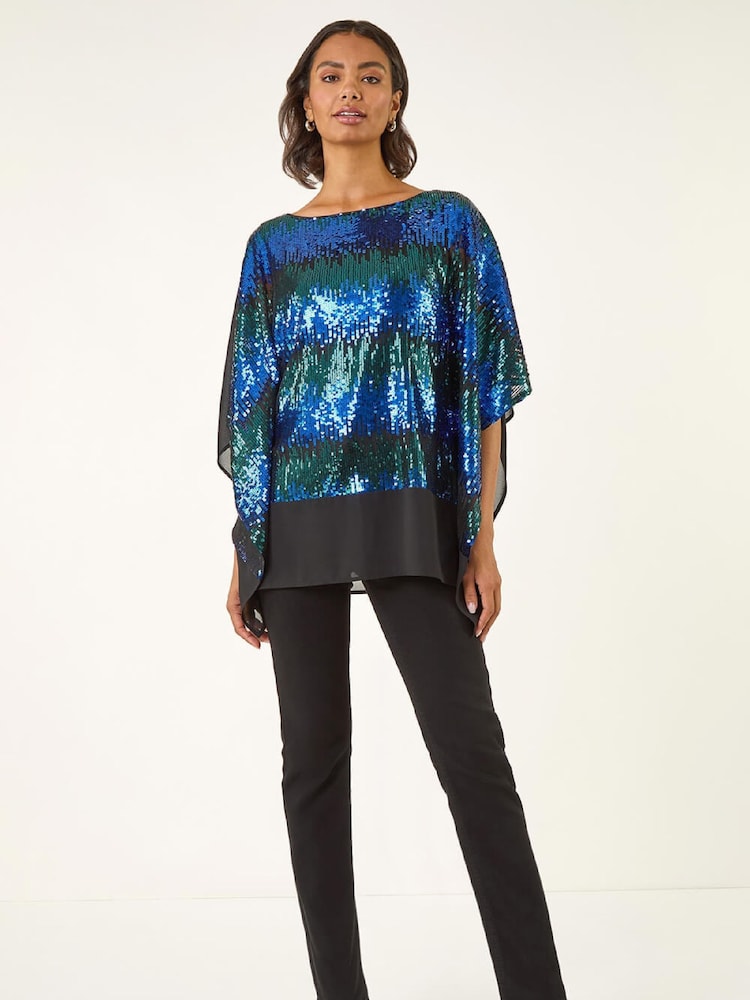 Roman Blue Ombre Sequin Mesh Chiffon Tunic Top - Image 2 of 5