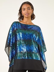 Roman Blue Ombre Sequin Mesh Chiffon Tunic Top - Image 4 of 5
