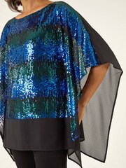 Roman Blue Ombre Sequin Mesh Chiffon Tunic Top - Image 5 of 5