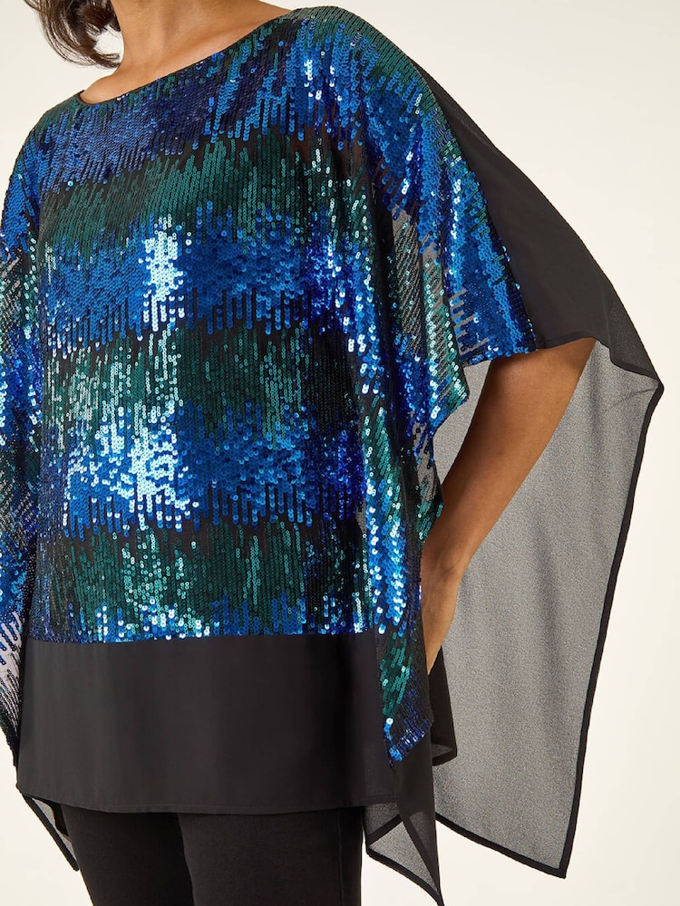 Roman Blue Ombre Sequin Mesh Chiffon Tunic Top - Image 5 of 5 Roman Blue Ombre Sequin Mesh Chiffon Tunic Top - Image 5 of 5