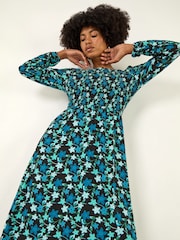 Roman Blue Floral Print Shirred Stretch Midi Dress - Image 1 of 5