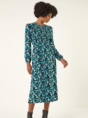 Roman Blue Floral Print Shirred Stretch Midi Dress - Image 2 of 5