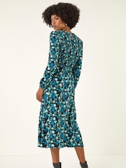 Roman Blue Floral Print Shirred Stretch Midi Dress - Image 3 of 5