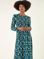 Roman Blue Floral Print Shirred Stretch Midi Dress - Image 4 of 5