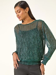 Roman Green Plisse Shimmer Shirred Hem Blouse - Image 1 of 5