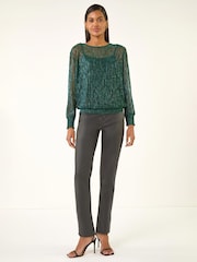 Roman Green Plisse Shimmer Shirred Hem Blouse - Image 2 of 5