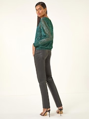 Roman Green Plisse Shimmer Shirred Hem Blouse - Image 3 of 5