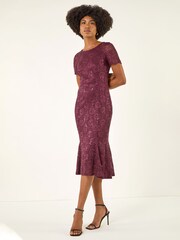 Roman Red Lace Sequin Midi Dress - Image 2 of 3