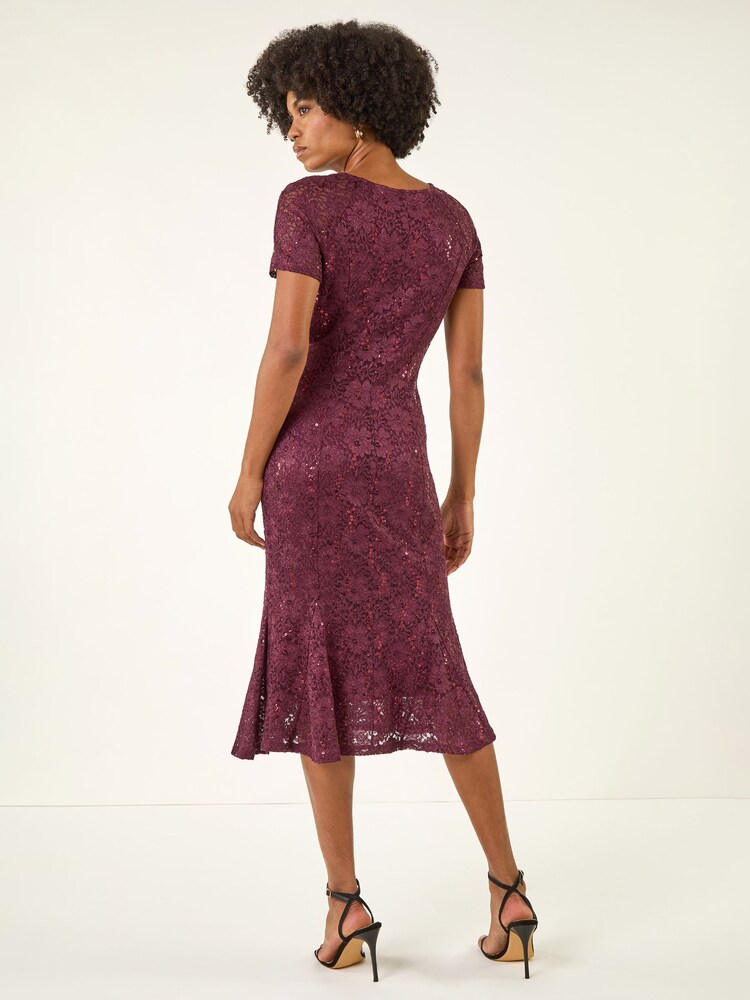 Roman Red Lace Sequin Midi Dress - Image 3 of 3