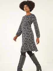 Roman Black Floral Print Frill Stretch Dress - Image 1 of 5