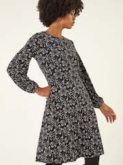 Roman Black Floral Print Frill Stretch Dress - Image 2 of 5