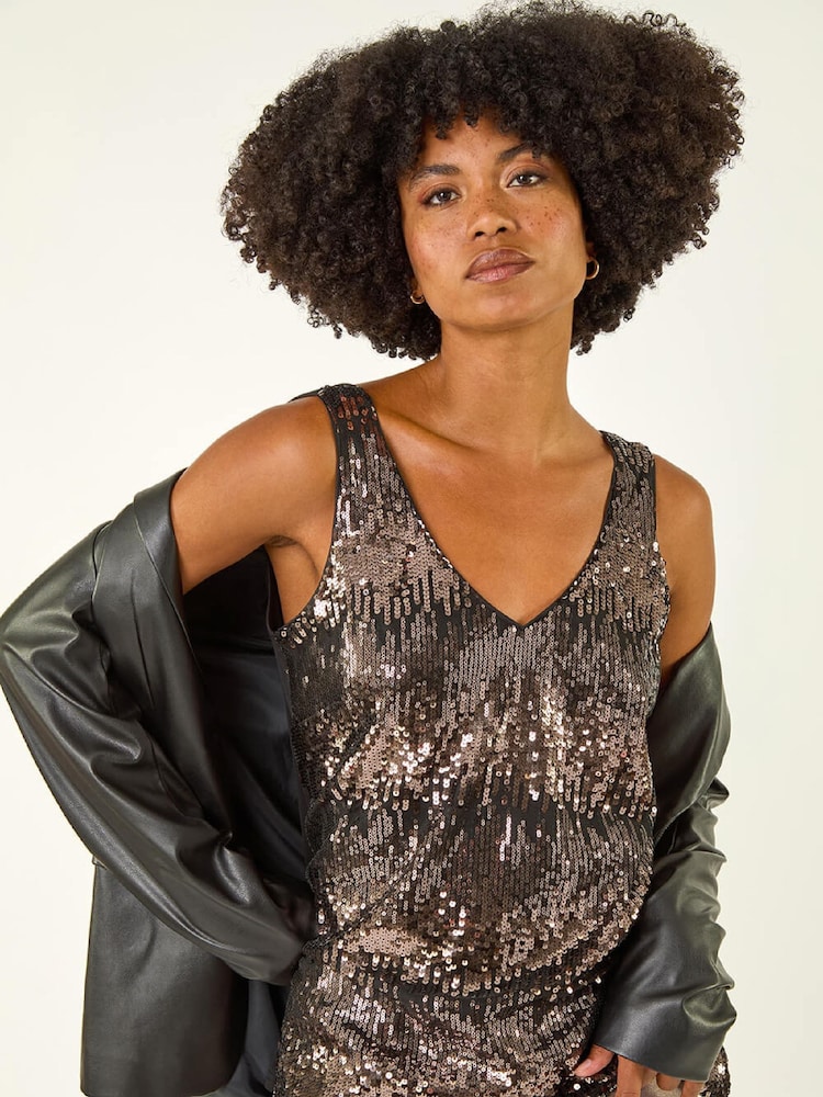 Roman Chrome Metallic Sequin V-Neck Vest Top - Image 1 of 5 Roman Chrome Metallic Sequin V-Neck Vest Top - Image 1 of 5