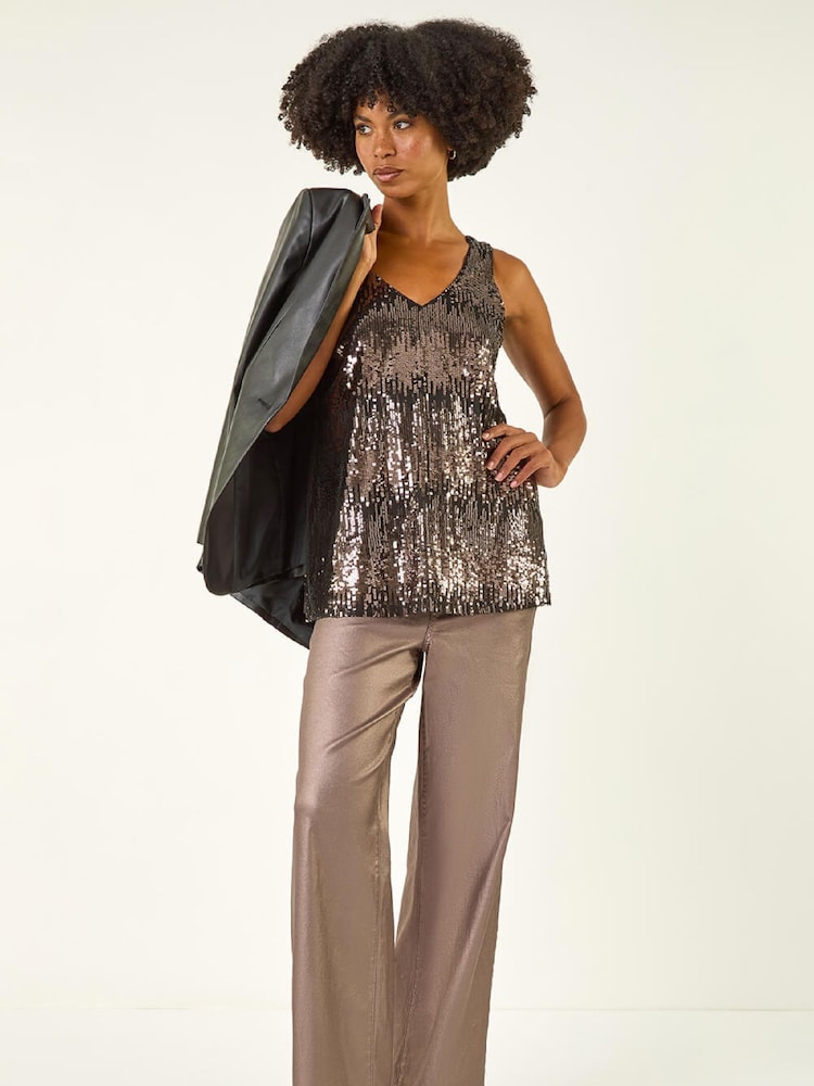 Roman Chrome Metallic Sequin V-Neck Vest Top - Image 2 of 5 Roman Chrome Metallic Sequin V-Neck Vest Top - Image 2 of 5
