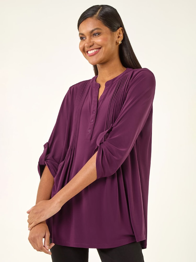 Roman Purple Pintuck Button Stretch Blouse - Image 1 of 5