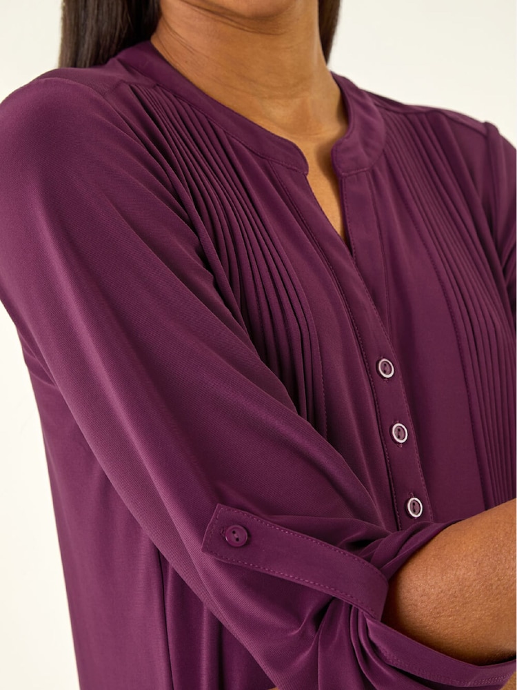 Roman Purple Pintuck Button Stretch Blouse - Image 5 of 5