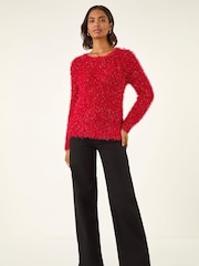 Roman Red Metallic Fluffy Knit Jumper - Image 1 of 5