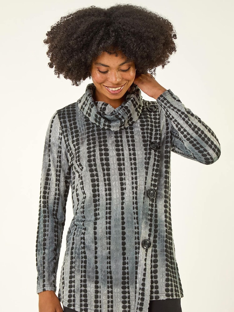 Roman Grey Cowl Neck Buttoned Tunic Top - Image 1 of 5 Roman Grey Cowl Neck Buttoned Tunic Top - Image 1 of 5