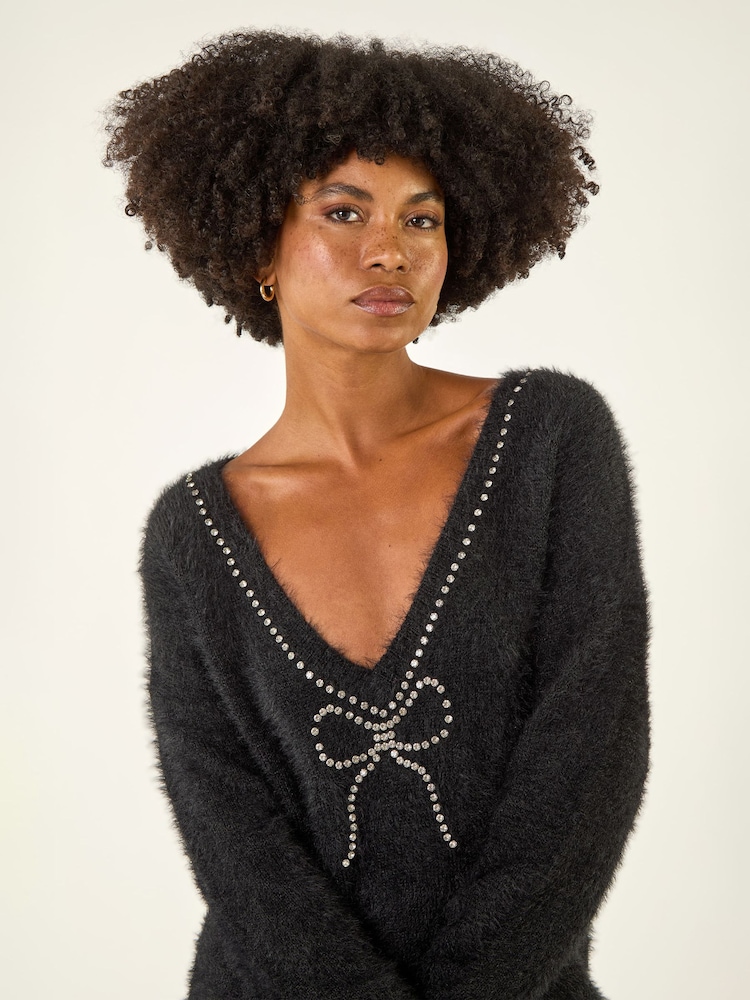 Roman Black Fluffy Embellished Bow Knit Jumper - Image 1 of 5 Roman Black Fluffy Embellished Bow Knit Jumper - Image 1 of 5